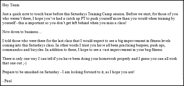 A note from head trainer Paul - gulp!